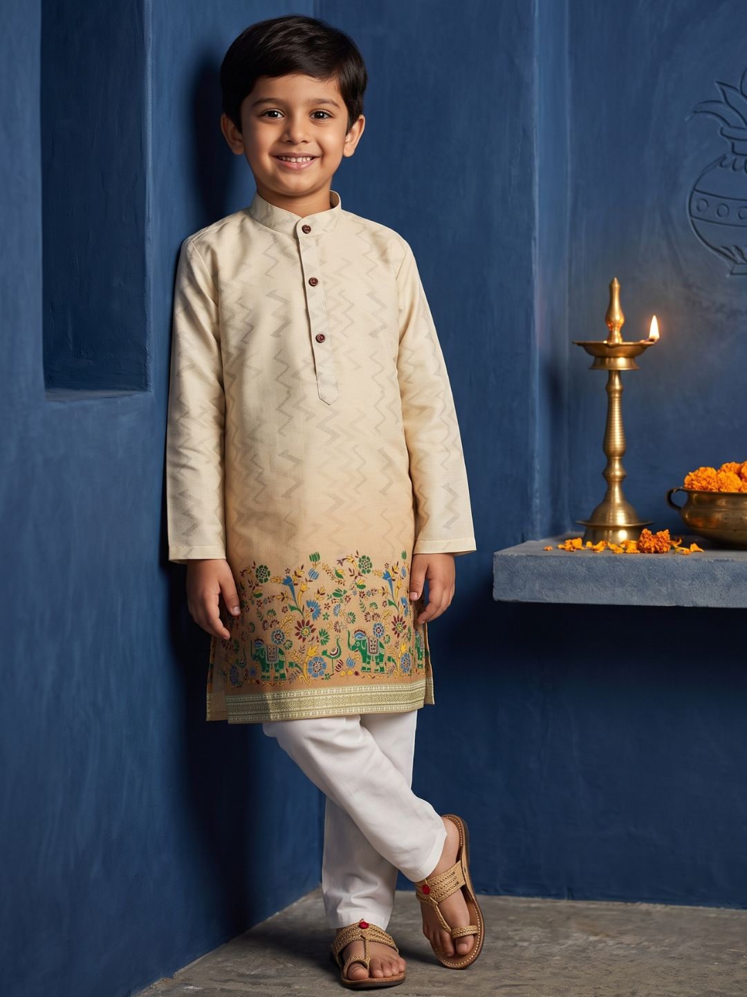 Yellow Elephant Printed Cotton Blend Kurta Pyjama Set For Boys