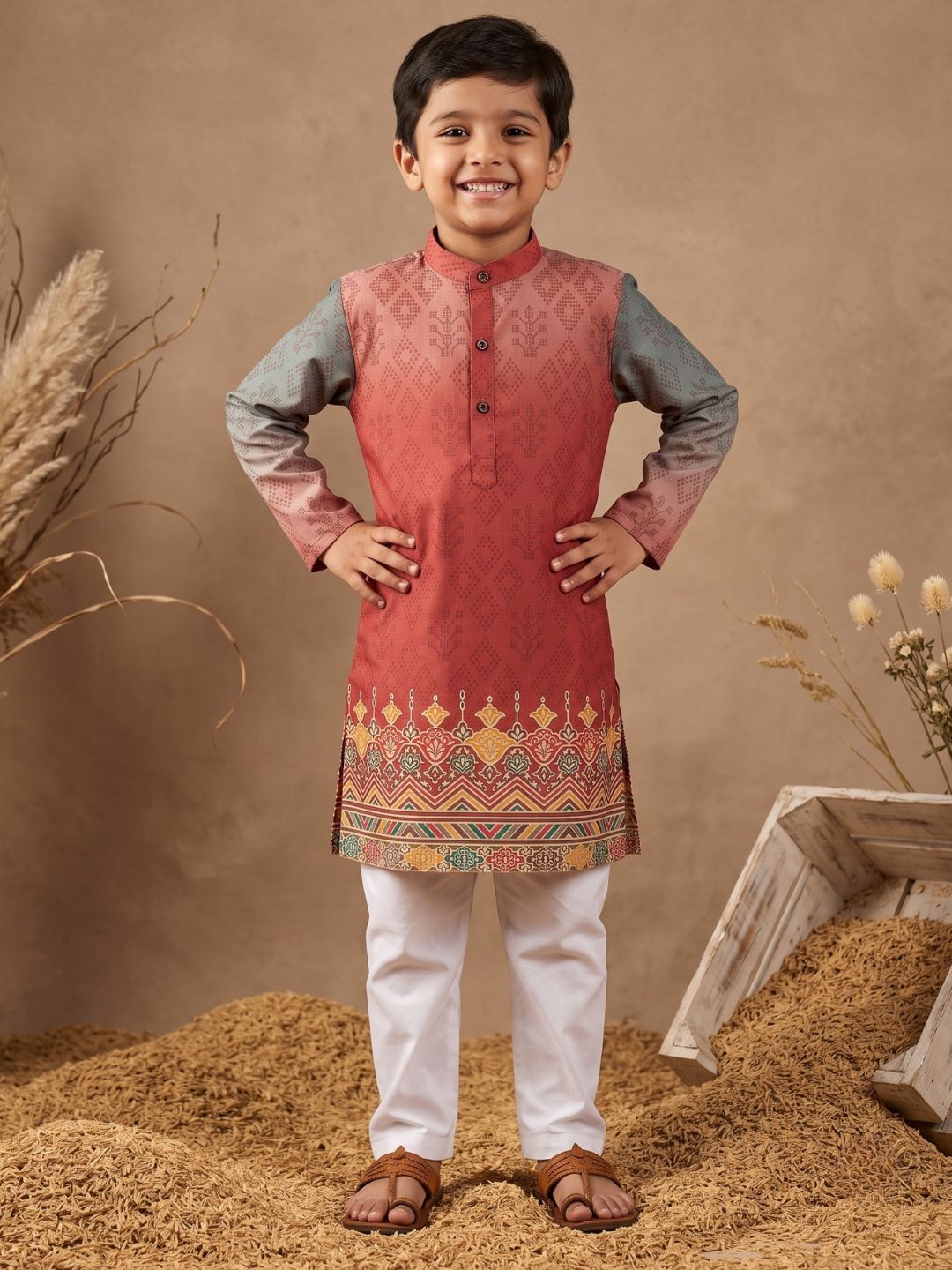 Red Ethnic Print Cotton Blend Kurta Pyjama Set For Boys