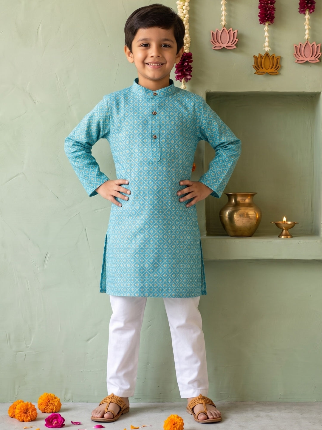 Blue Floral Geometric Print Cotton Blend Kurta Pyjama Set For Boys