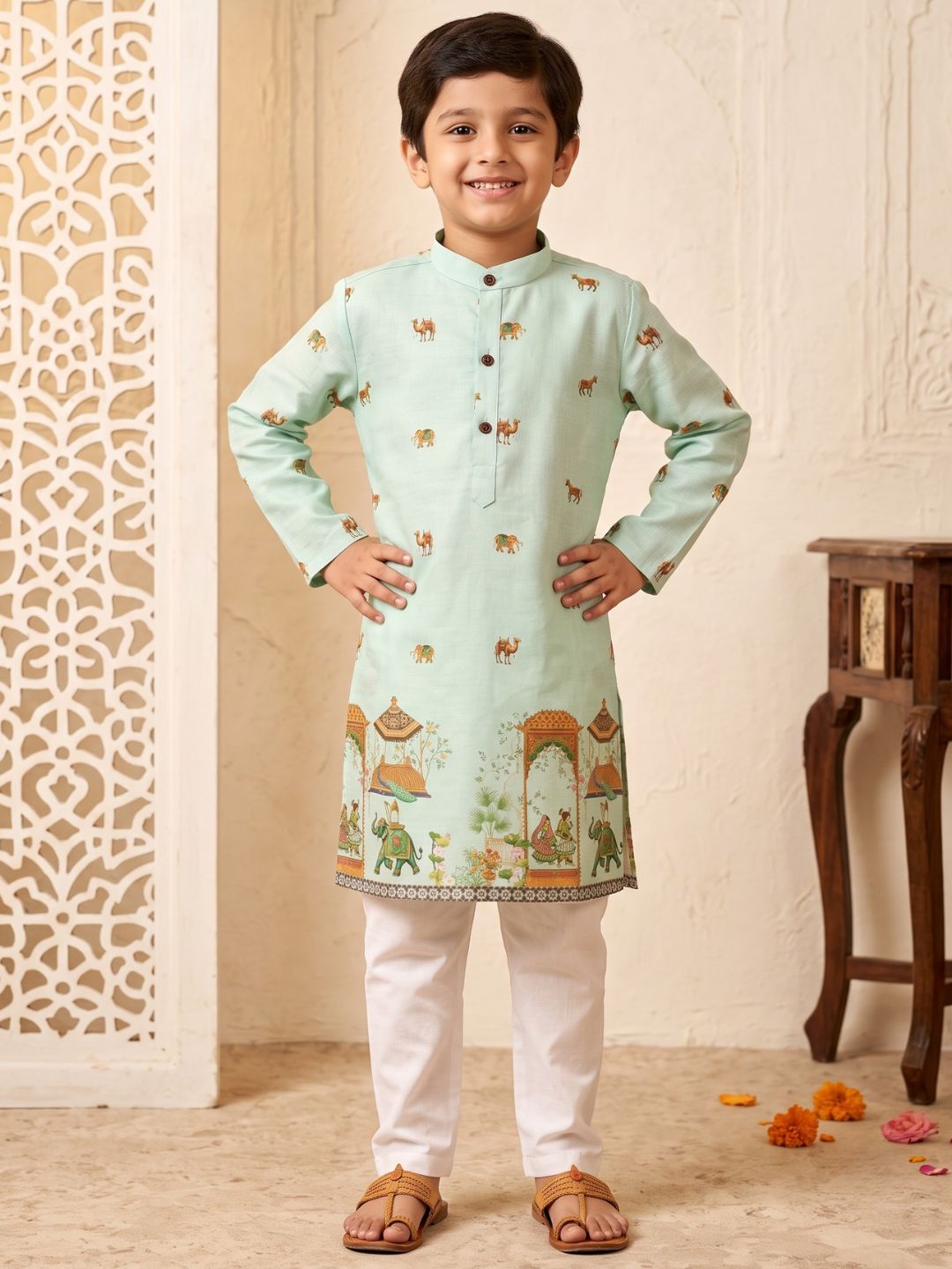 Green Elephant & Traditional Ethnic Print Cotton Blend Kurta Pyjama Set For Boys