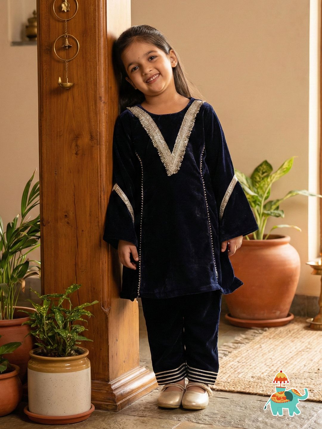 Navy Blue Velvet Full Sleeves Solid Girls Suit Set