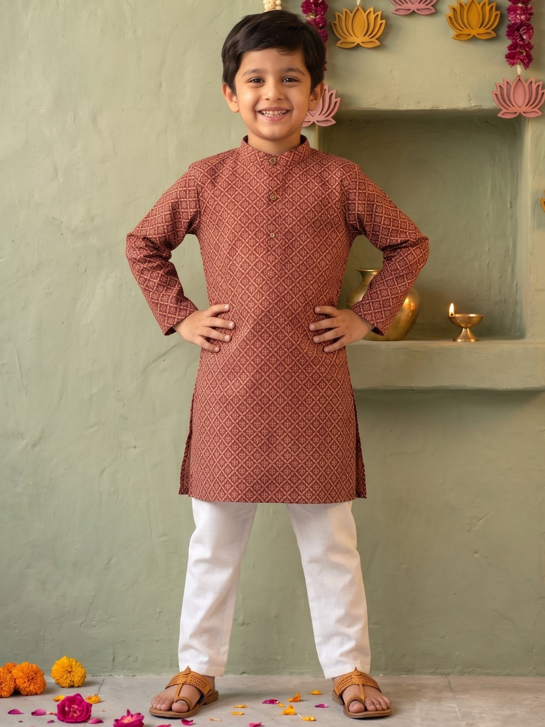 Red Floral Geometric Print Cotton Blend Kurta Pyjama Set For Boys
