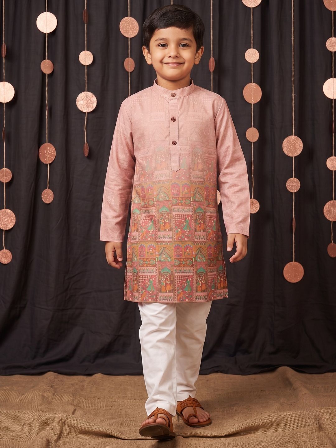 Pink Ethnic Print Cotton Blend Kurta Pyjama Set For Boys