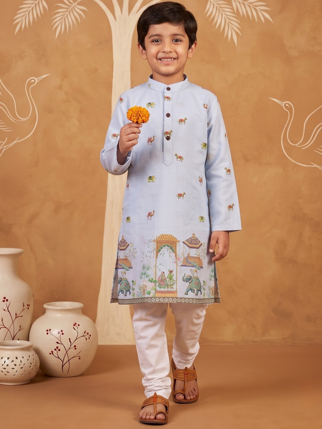 Blue Elephant & Traditional Ethnic Print Cotton Blend Kurta Pyjama Set For Boys