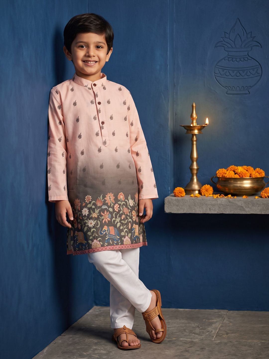 Pink Floral Elephant Printed Cotton Blend Kurta Pyjama Set For Boys