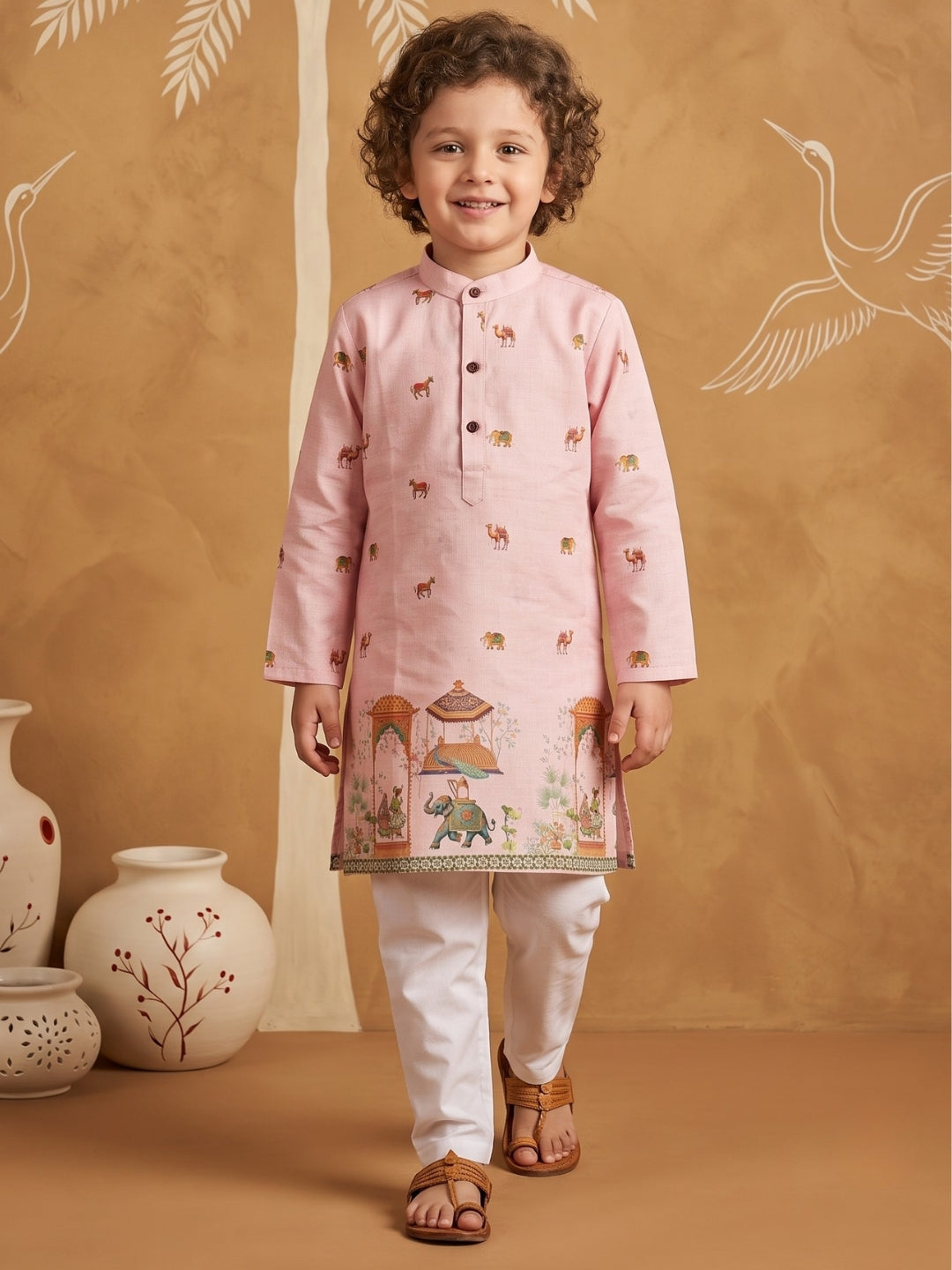 Pink Elephant & Traditional Ethnic Print Cotton Blend Kurta Pyjama Set For Boys