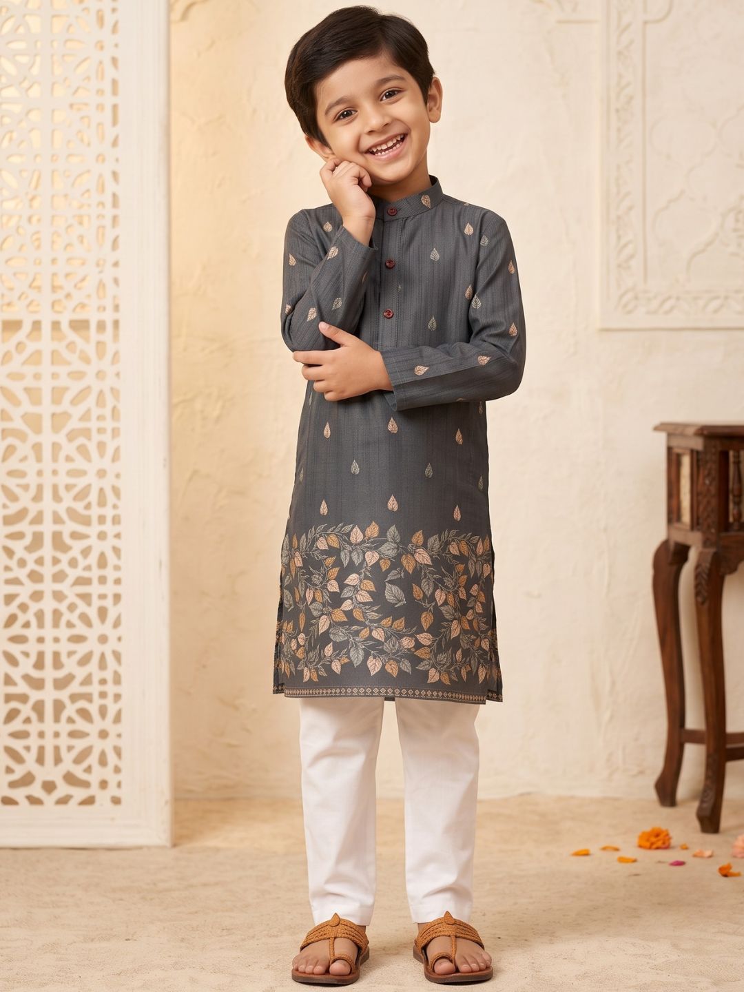 Grey Leaf Print Cotton Blend Kurta Pyjama Set For Boys