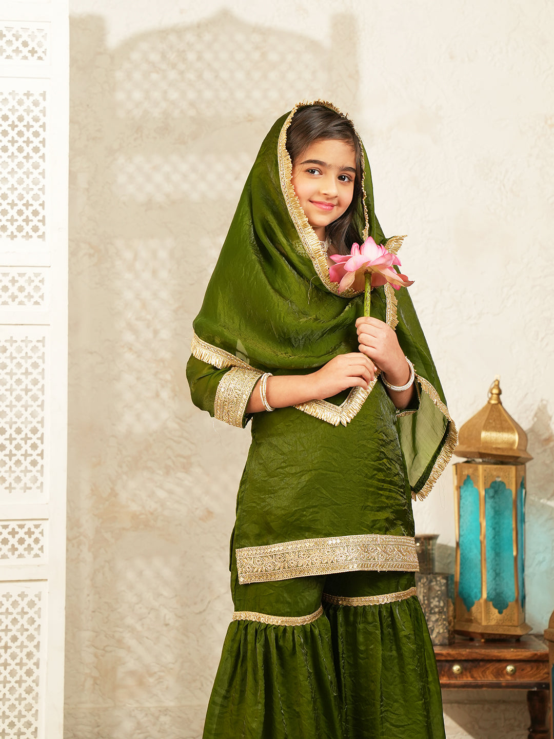 Green Solid with Lace Work Silk blend Kurti Gharara and Dupatta For Girls