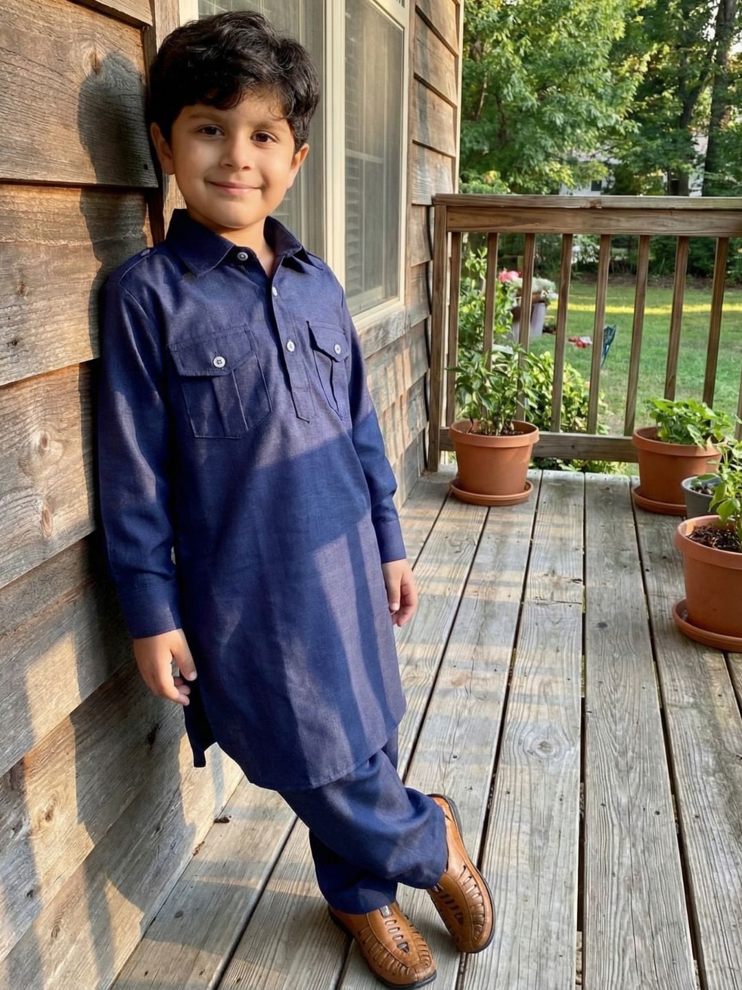 Boys Blue Solid Cotton Blend Pathani Suit Set for Kids - AJ Dezines