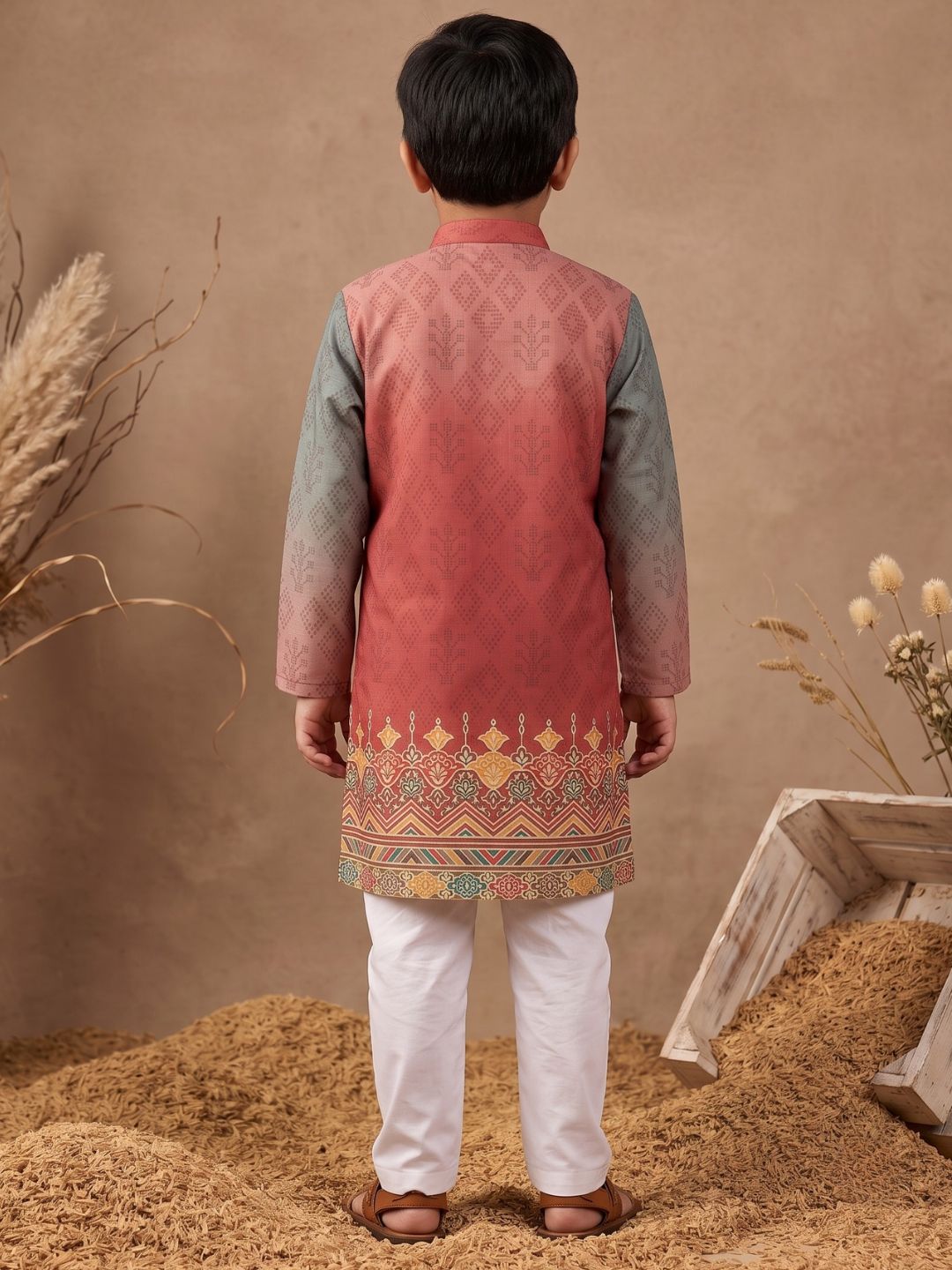 Red Ethnic Print Cotton Blend Kurta Pyjama Set For Boys