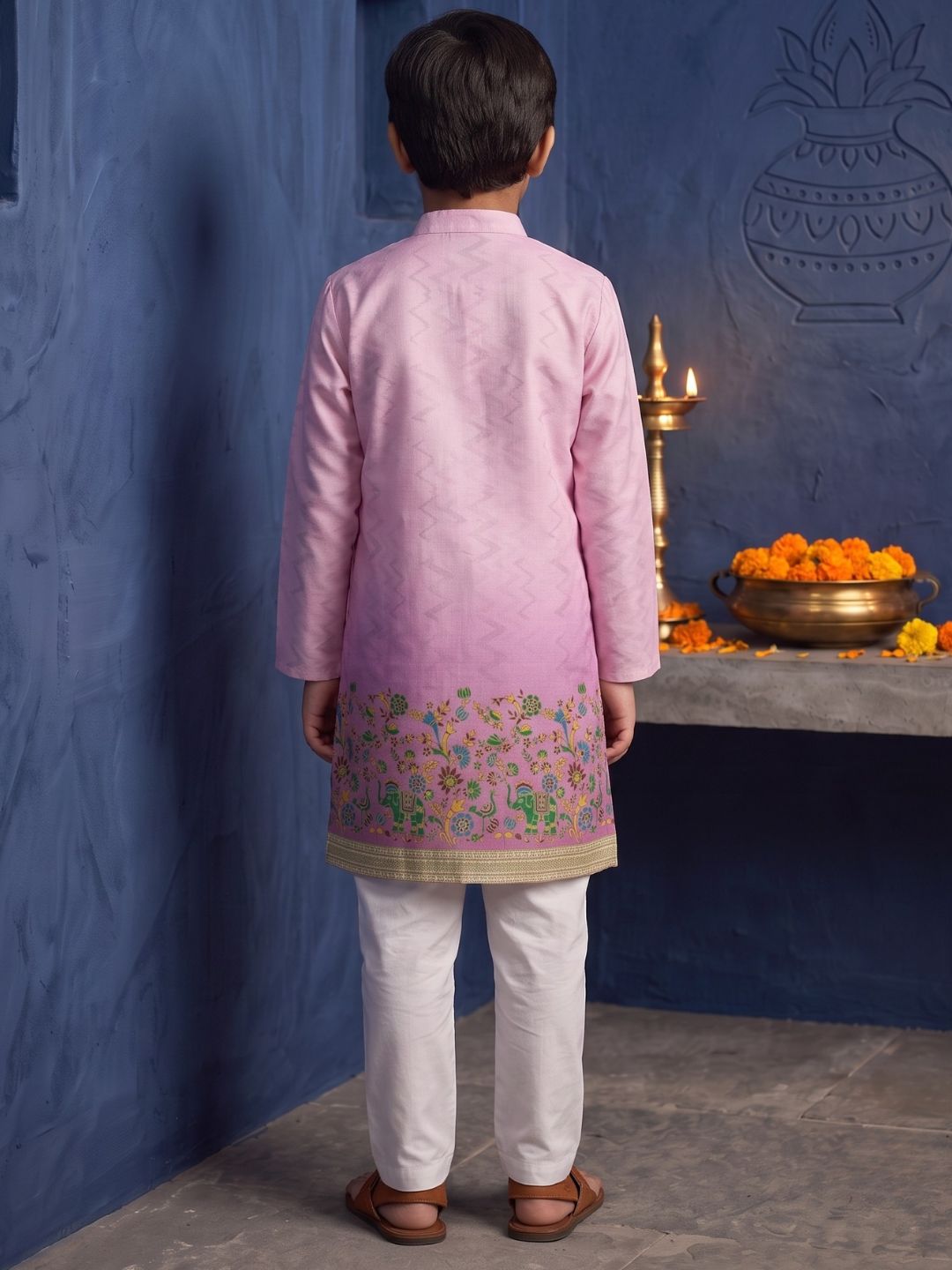 Pink Elephant Printed Cotton Blend Kurta Pyjama Set For Boys