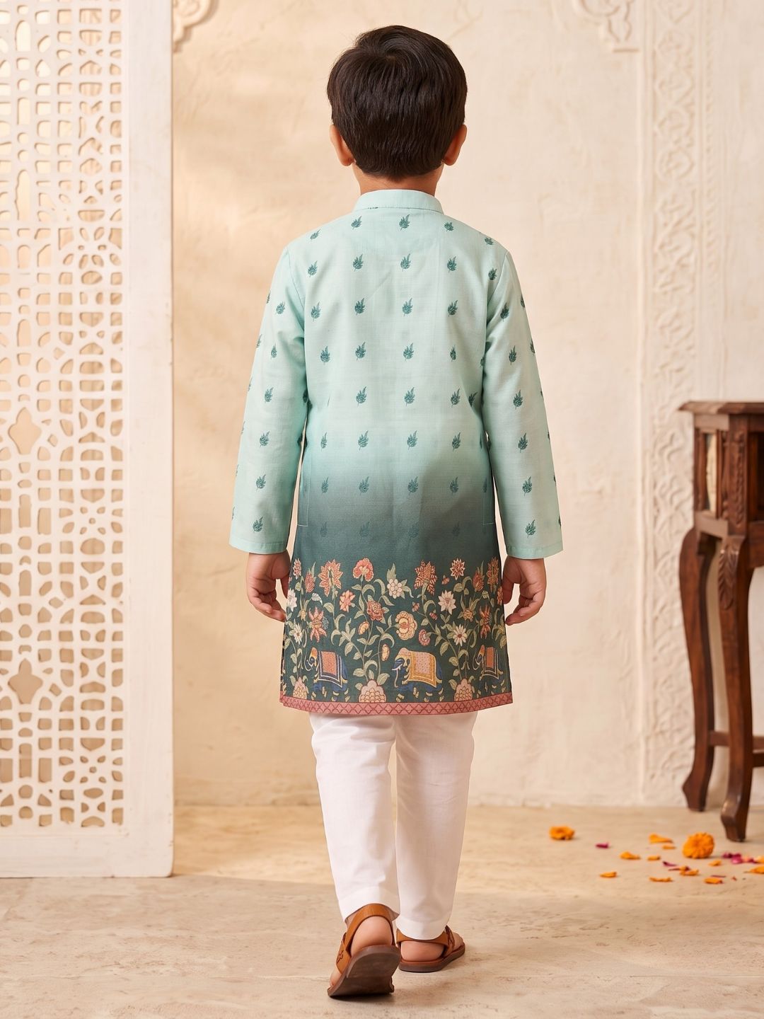 Green Floral Elephant Printed Cotton Blend Kurta Pyjama Set For Boys