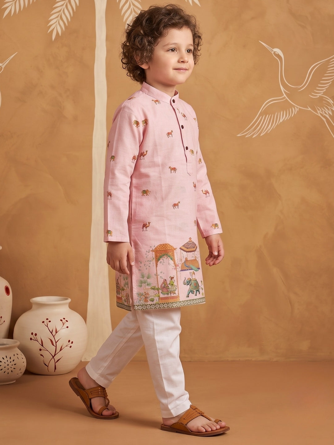 Pink Elephant & Traditional Ethnic Print Cotton Blend Kurta Pyjama Set For Boys