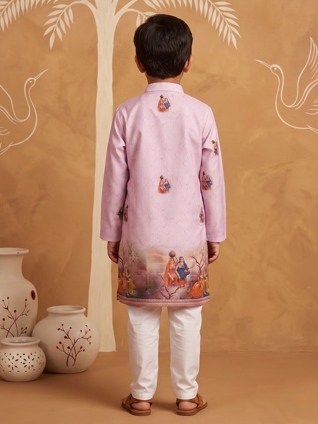 Pink Mythological Print Cotton Blend Kurta Pyjama Set For Boys