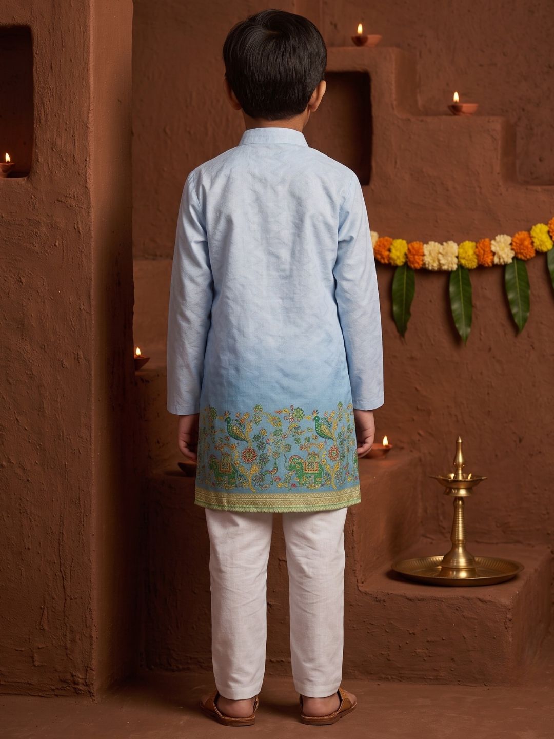 Blue Elephant Printed Cotton Blend Kurta Pyjama Set For Boys