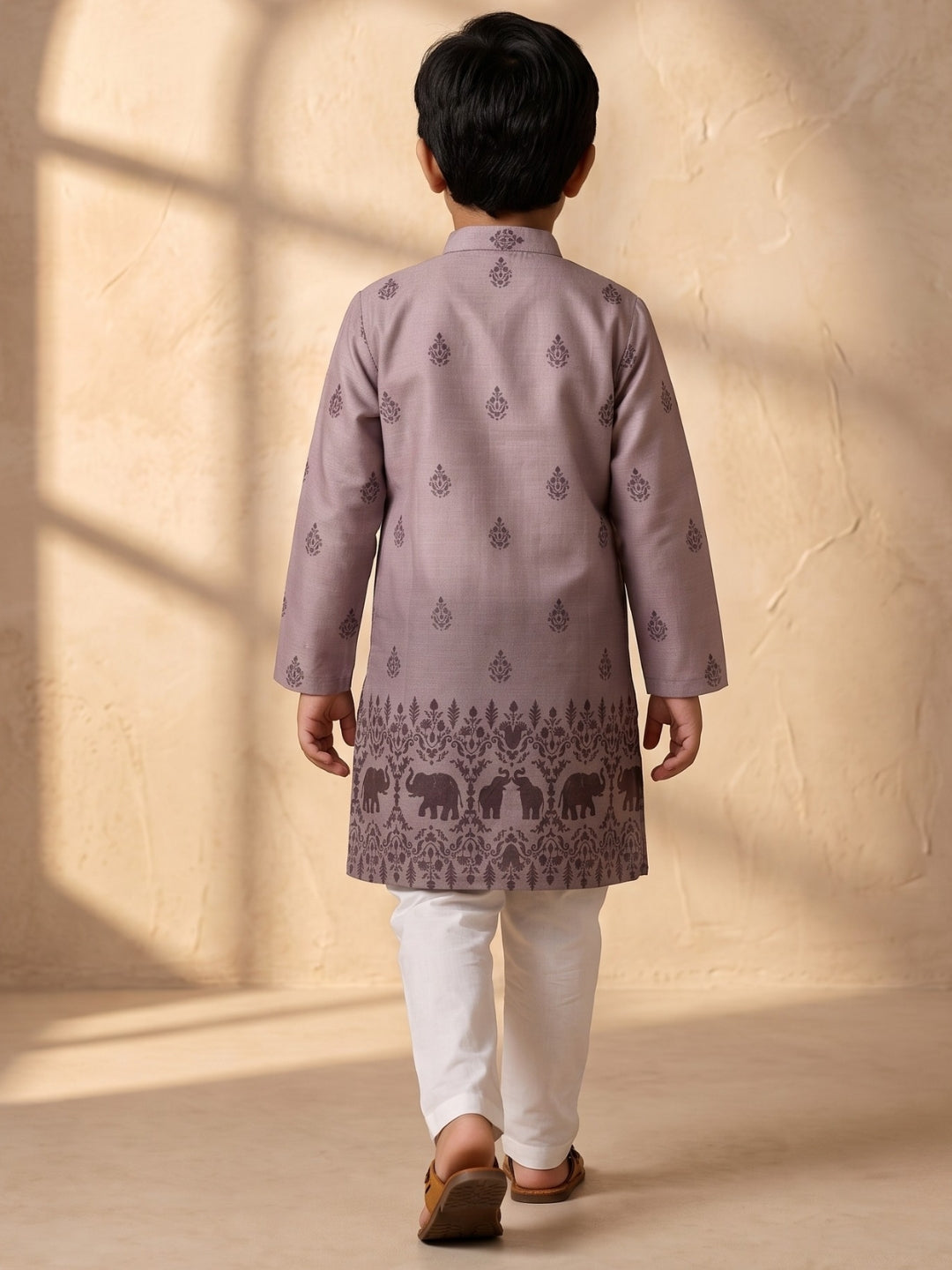 Mauve Elephant Printed Cotton Blend Kurta Pyjama Set For Boys