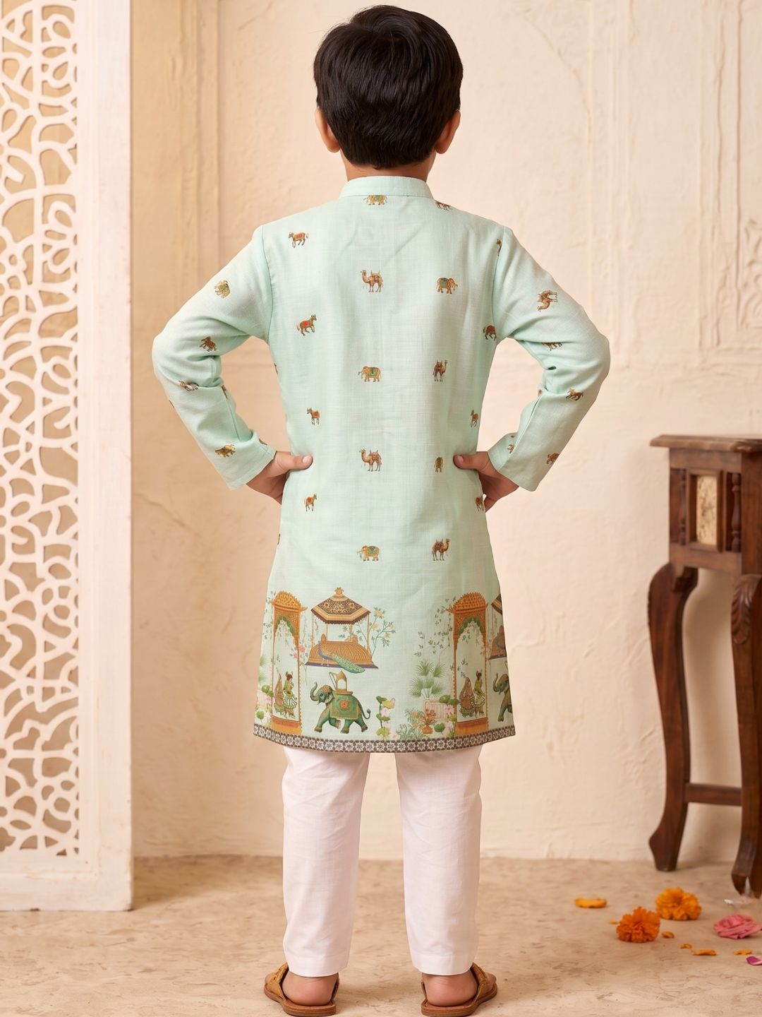 Green Elephant & Traditional Ethnic Print Cotton Blend Kurta Pyjama Set For Boys