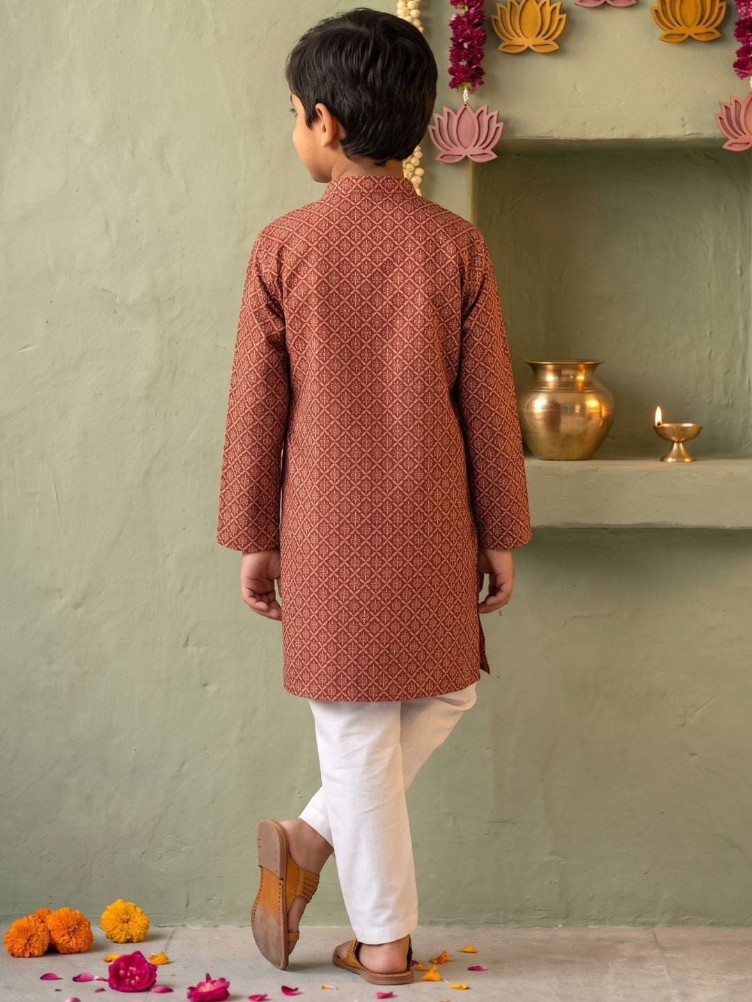 Red Floral Geometric Print Cotton Blend Kurta Pyjama Set For Boys