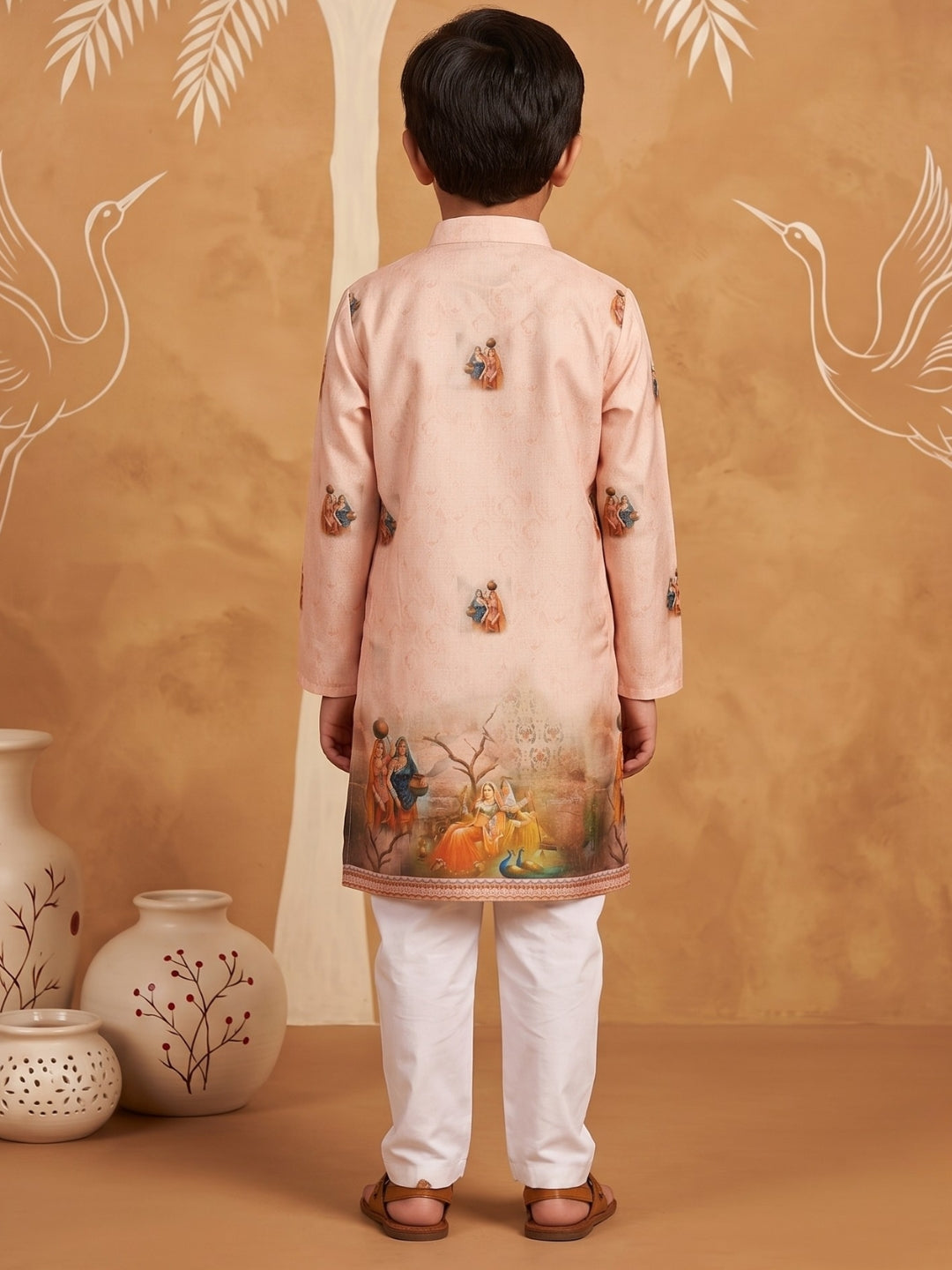 Peach Mythological Print Cotton Blend Kurta Pyjama Set For Boys