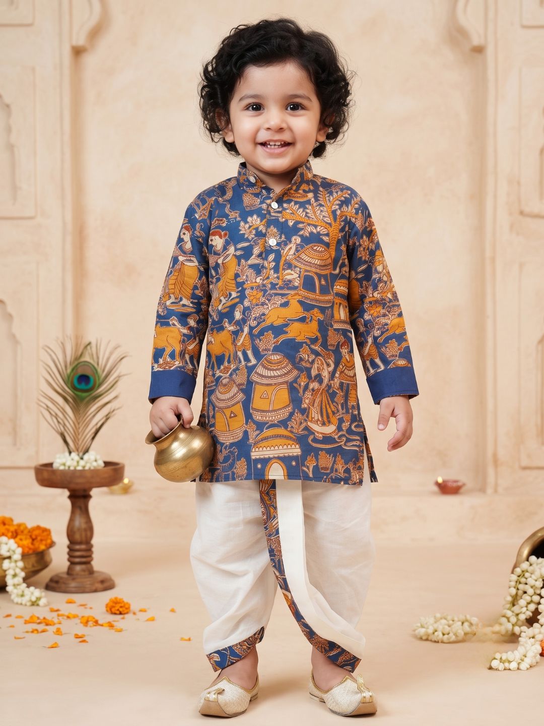 Boys Blue Cotton Full Sleeves Abstract Printed Dhoti Set