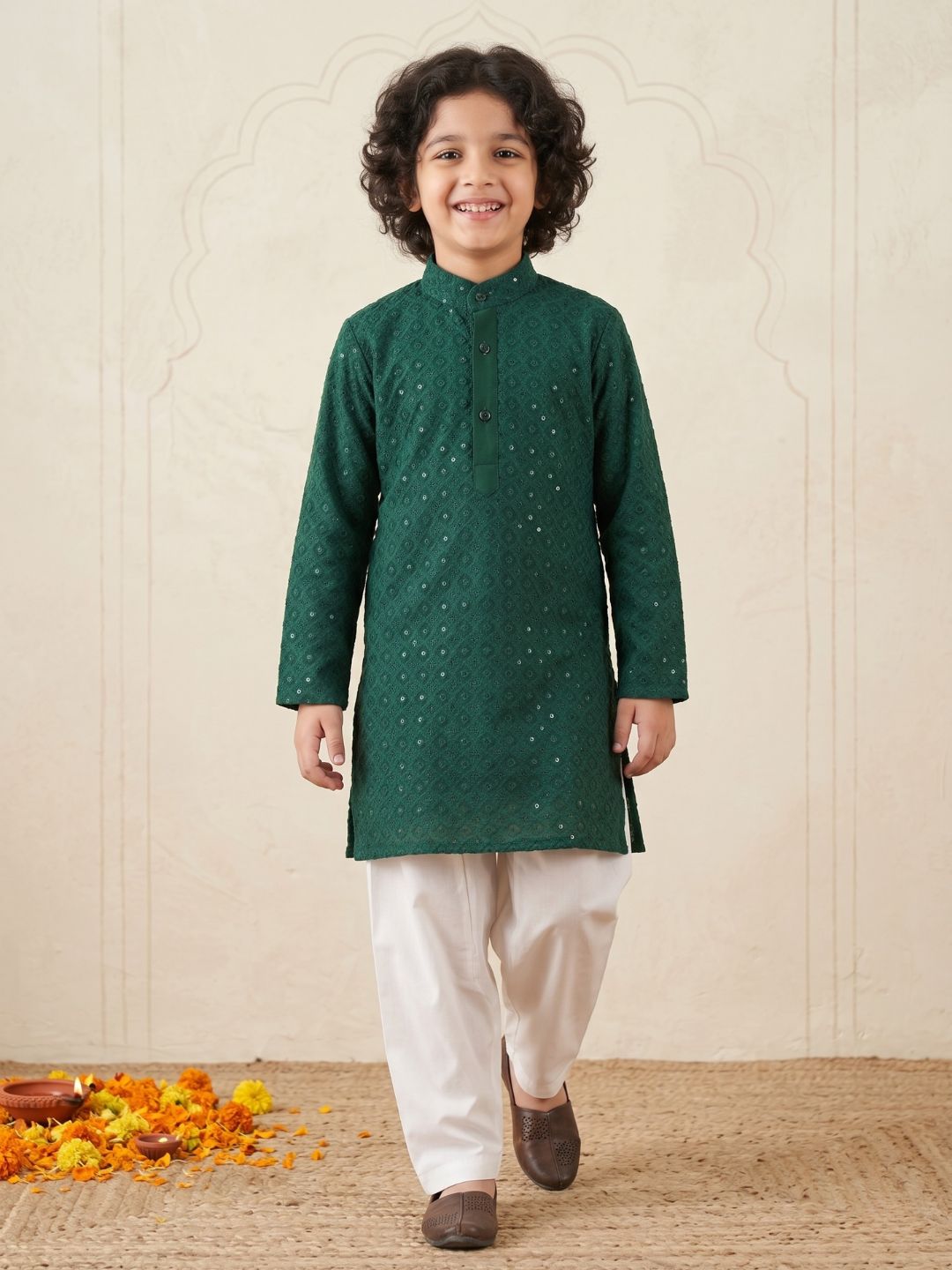 Kids Boys Teal Green Embroidered Cotton Kurta Pyjama Set - AJ Dezines