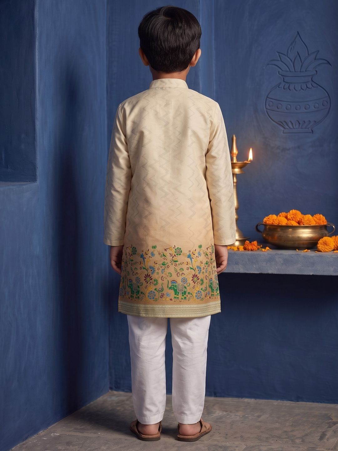 Yellow Elephant Printed Cotton Blend Kurta Pyjama Set For Boys