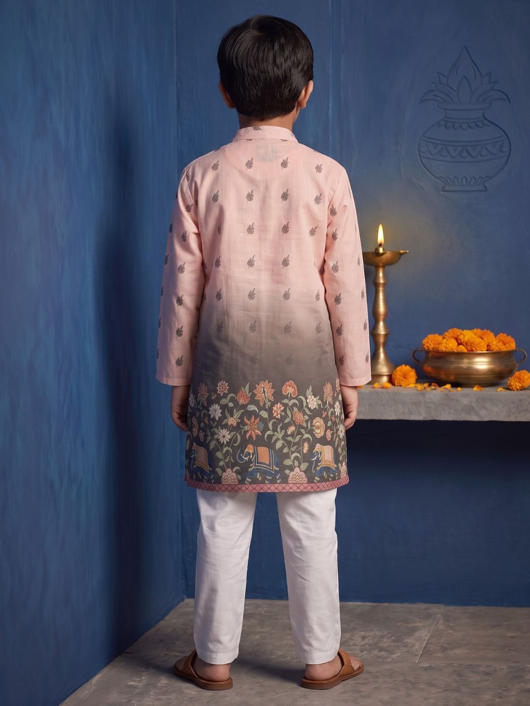 Pink Floral Elephant Printed Cotton Blend Kurta Pyjama Set For Boys