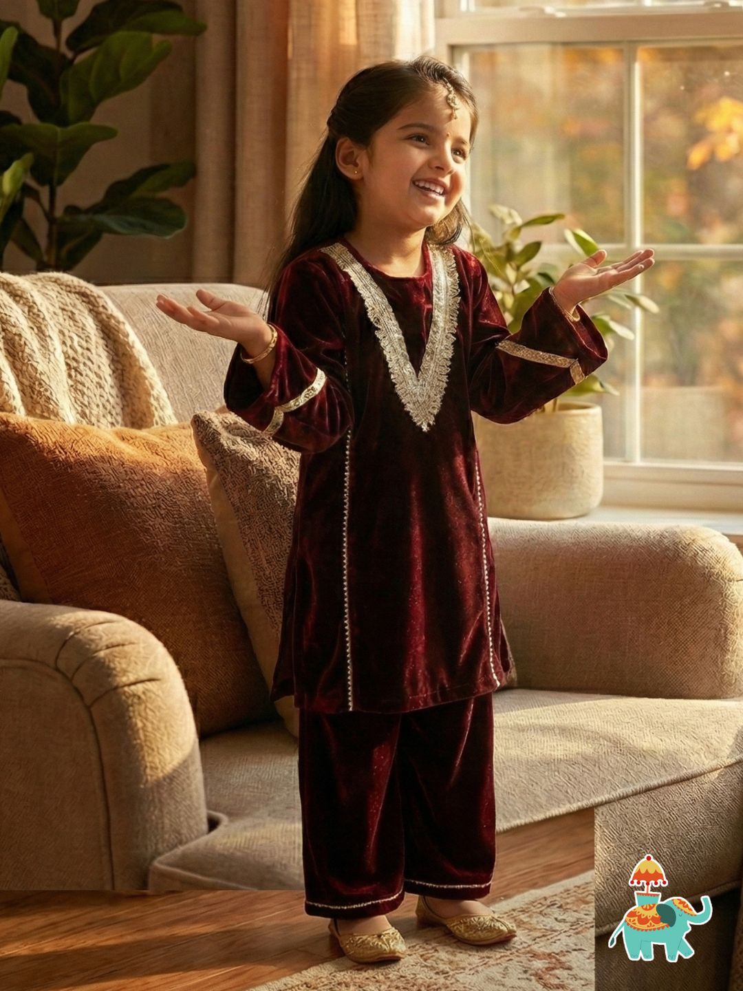 Maroon Velvet Full Sleeves Solid Girls Suit Set