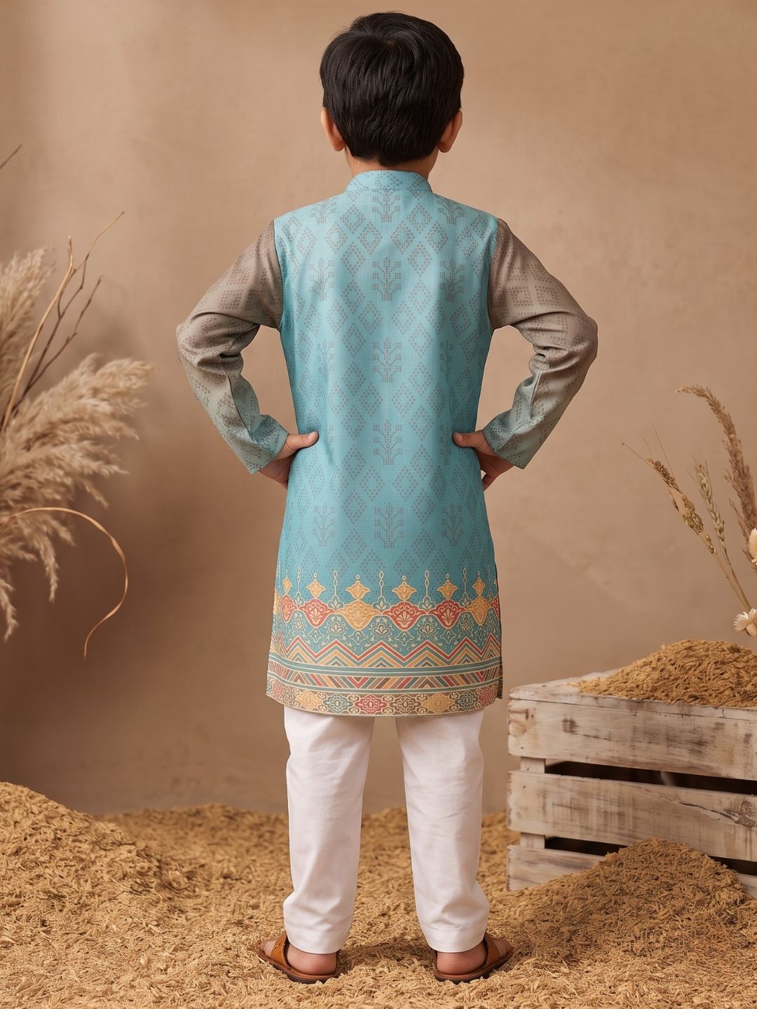 Sky Blue Ethnic Print Cotton Blend Kurta Pyjama Set For Boys