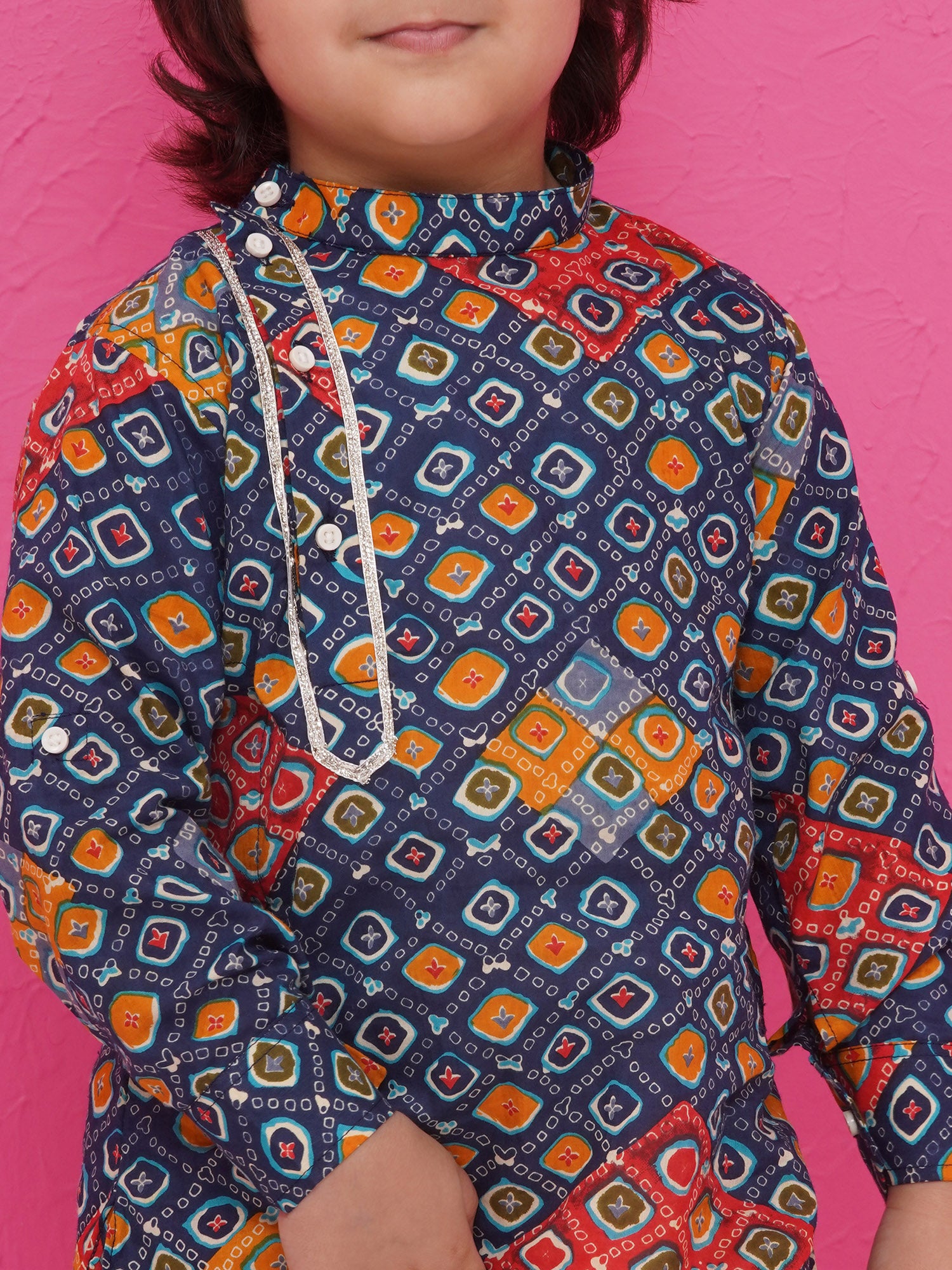 Dark Blue Cotton Full Sleeves Printed Kurta Pyjama Set For Boys - AJ Dezines