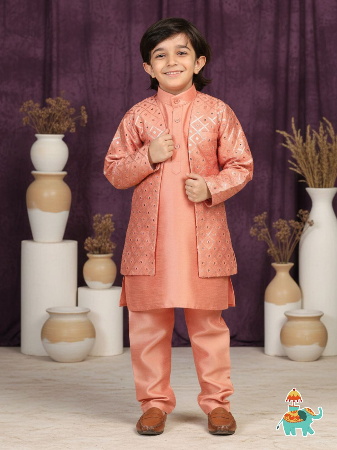 Boys Peach Silk Sherwani for Kids - AJ Dezines