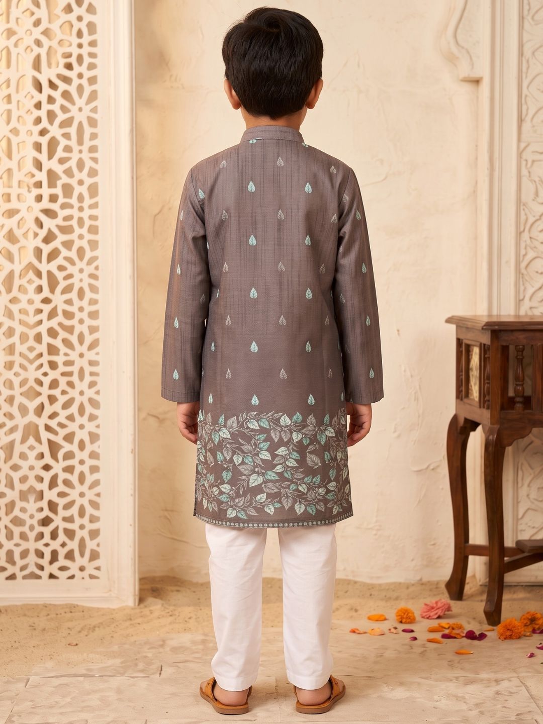Brown Leaf Print Cotton Blend Kurta Pyjama Set For Boys