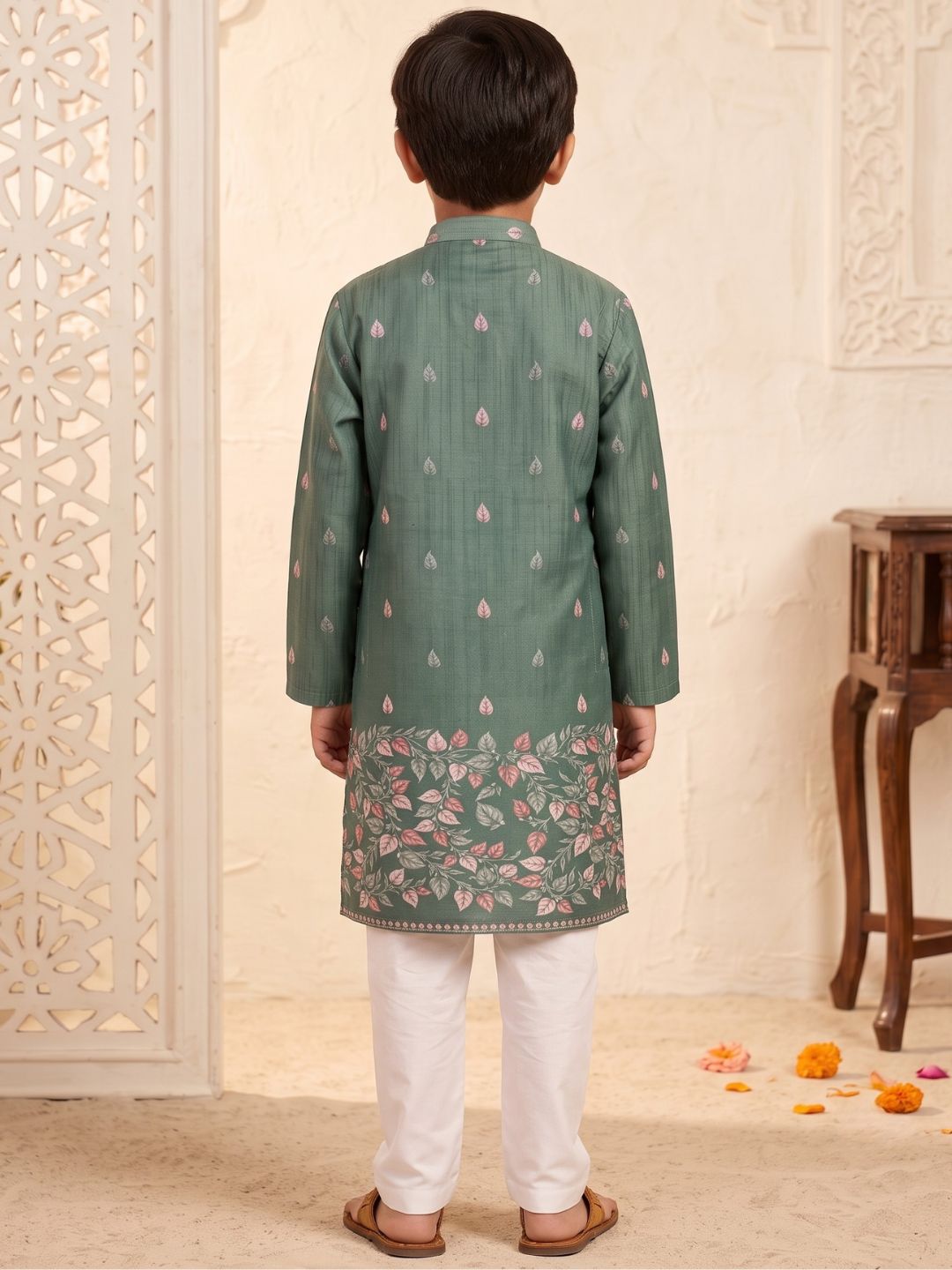 Green Leaf Print Cotton Blend Kurta Pyjama Set For Boys