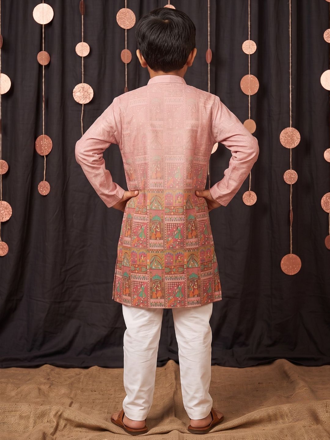 Pink Ethnic Print Cotton Blend Kurta Pyjama Set For Boys