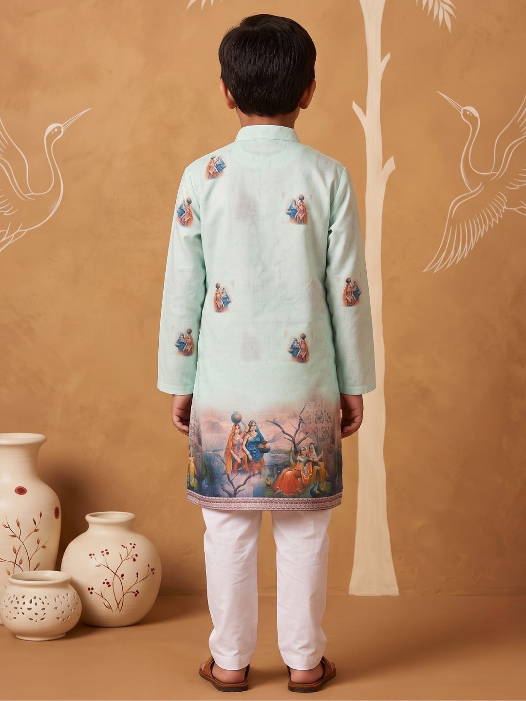 Green Mythological Print Cotton Blend Kurta Pyjama Set For Boys