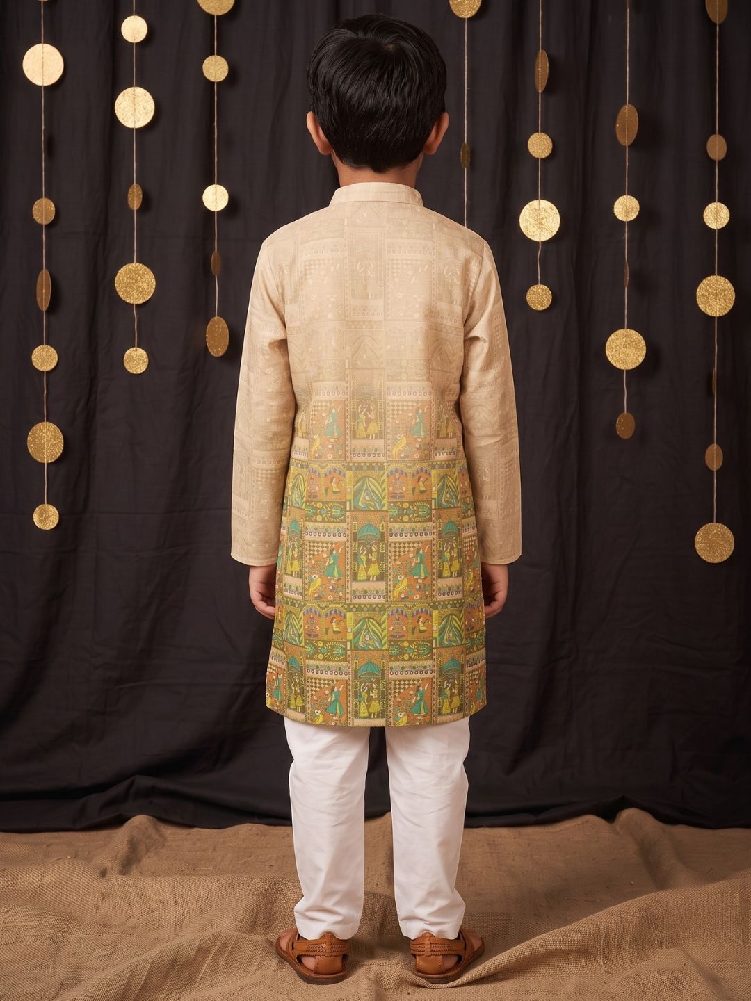 Yellow Ethnic Print Cotton Blend Kurta Pyjama Set For Boys