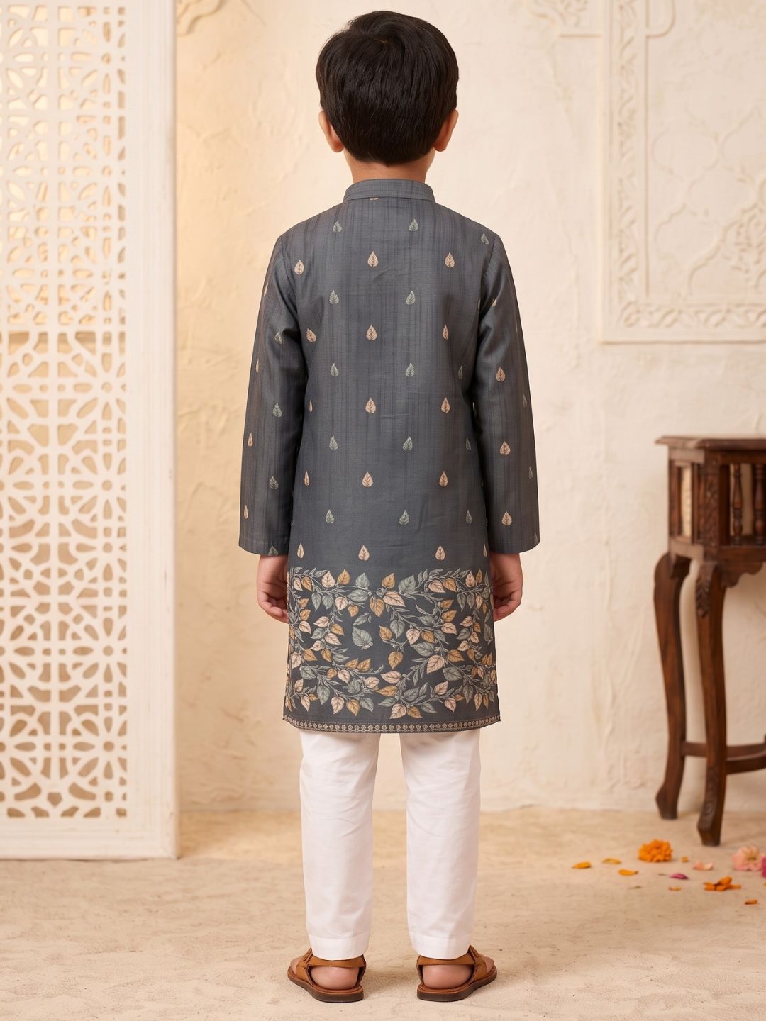 Grey Leaf Print Cotton Blend Kurta Pyjama Set For Boys
