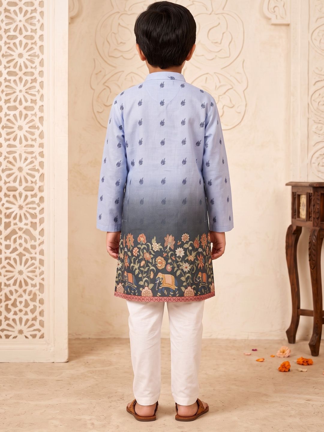 Blue Floral Elephant Printed Cotton Blend Kurta Pyjama Set For Boys