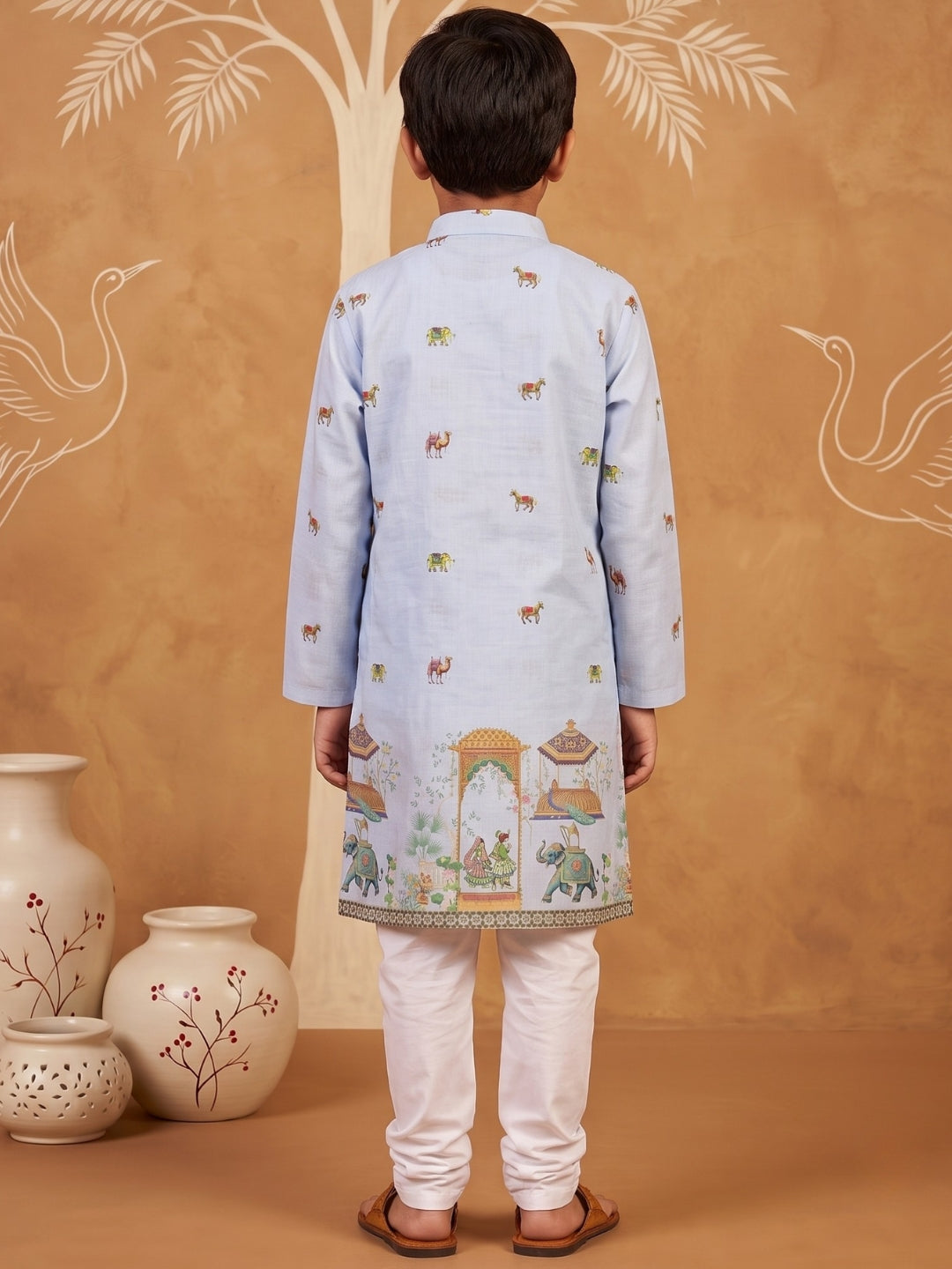 Blue Elephant & Traditional Ethnic Print Cotton Blend Kurta Pyjama Set For Boys