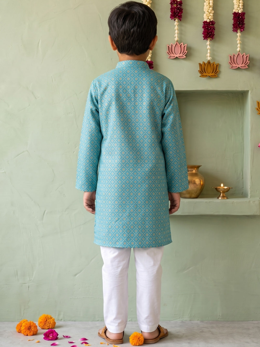 Blue Floral Geometric Print Cotton Blend Kurta Pyjama Set For Boys