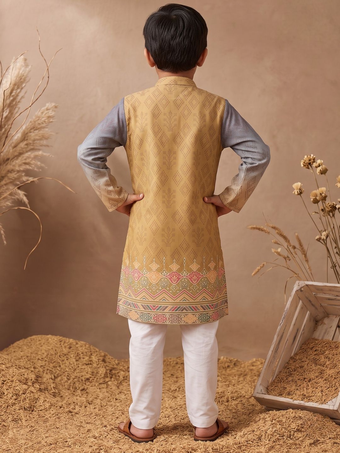 Mustard Ethnic Print Cotton Blend Kurta Pyjama Set For Boys