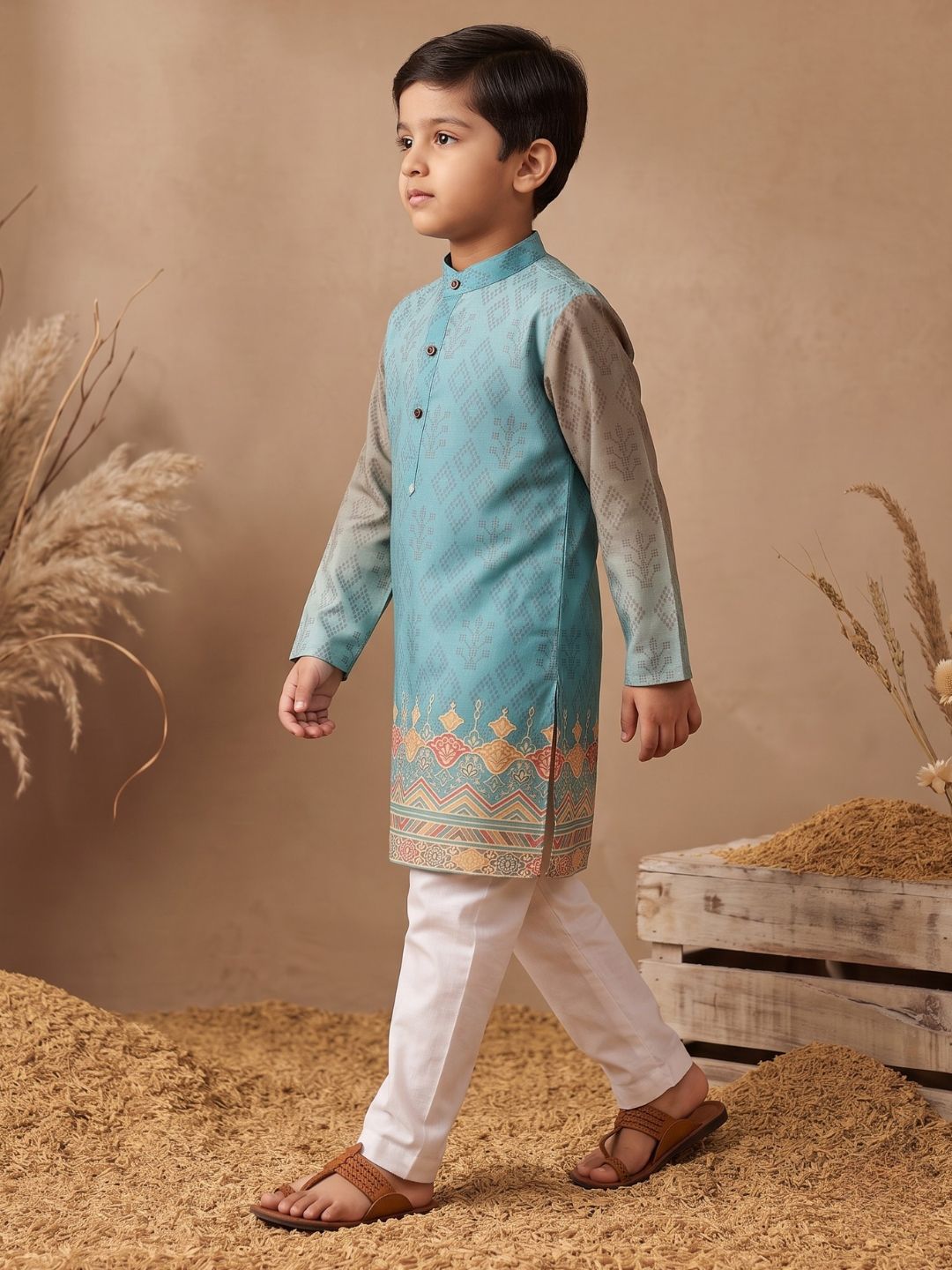 Sky Blue Ethnic Print Cotton Blend Kurta Pyjama Set For Boys