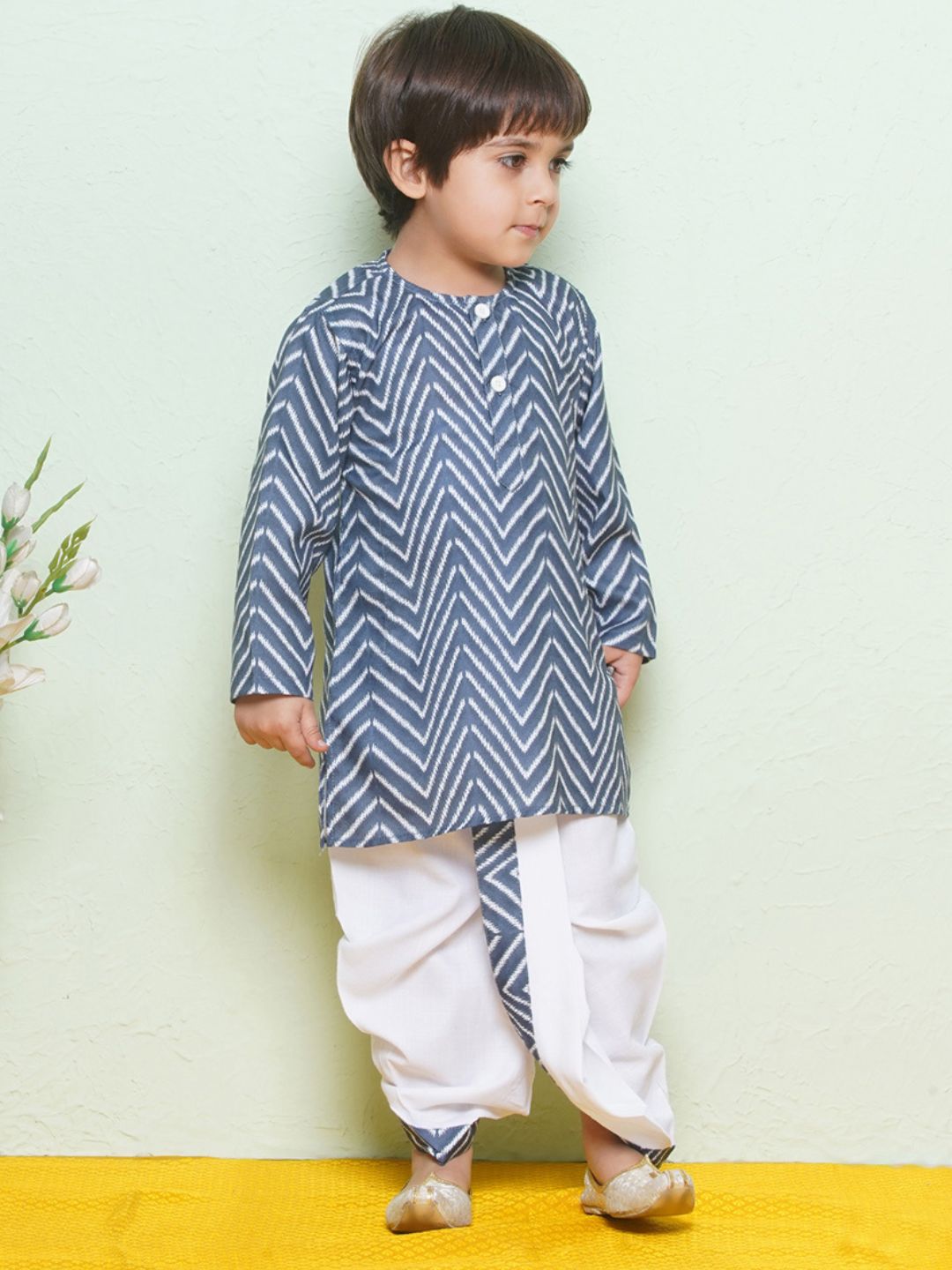 Kids Boys Blue Zig Zag Pure Cotton Dhoti Set - AJ Dezines