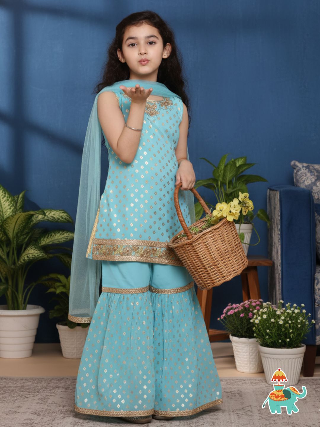 Girls Firozi Foil Print Georgette Sharara for Kids - AJ Dezines