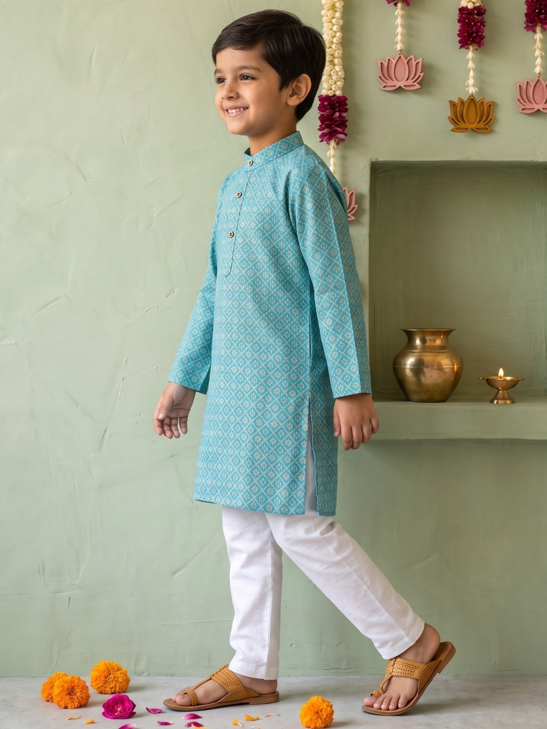 Blue Floral Geometric Print Cotton Blend Kurta Pyjama Set For Boys