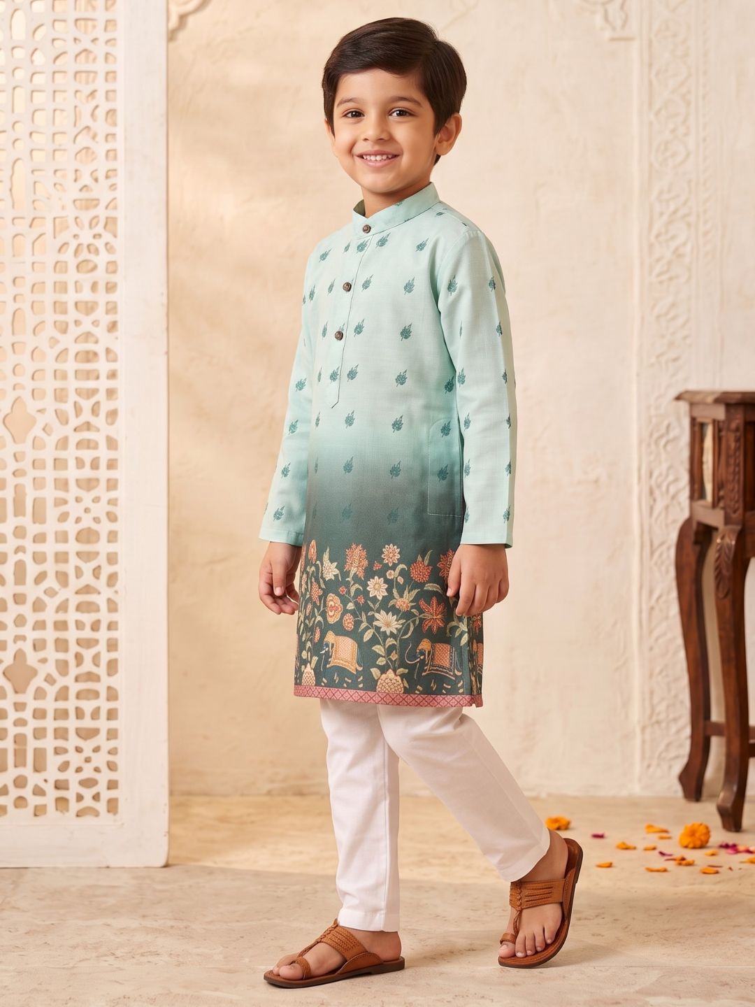 Green Floral Elephant Printed Cotton Blend Kurta Pyjama Set For Boys