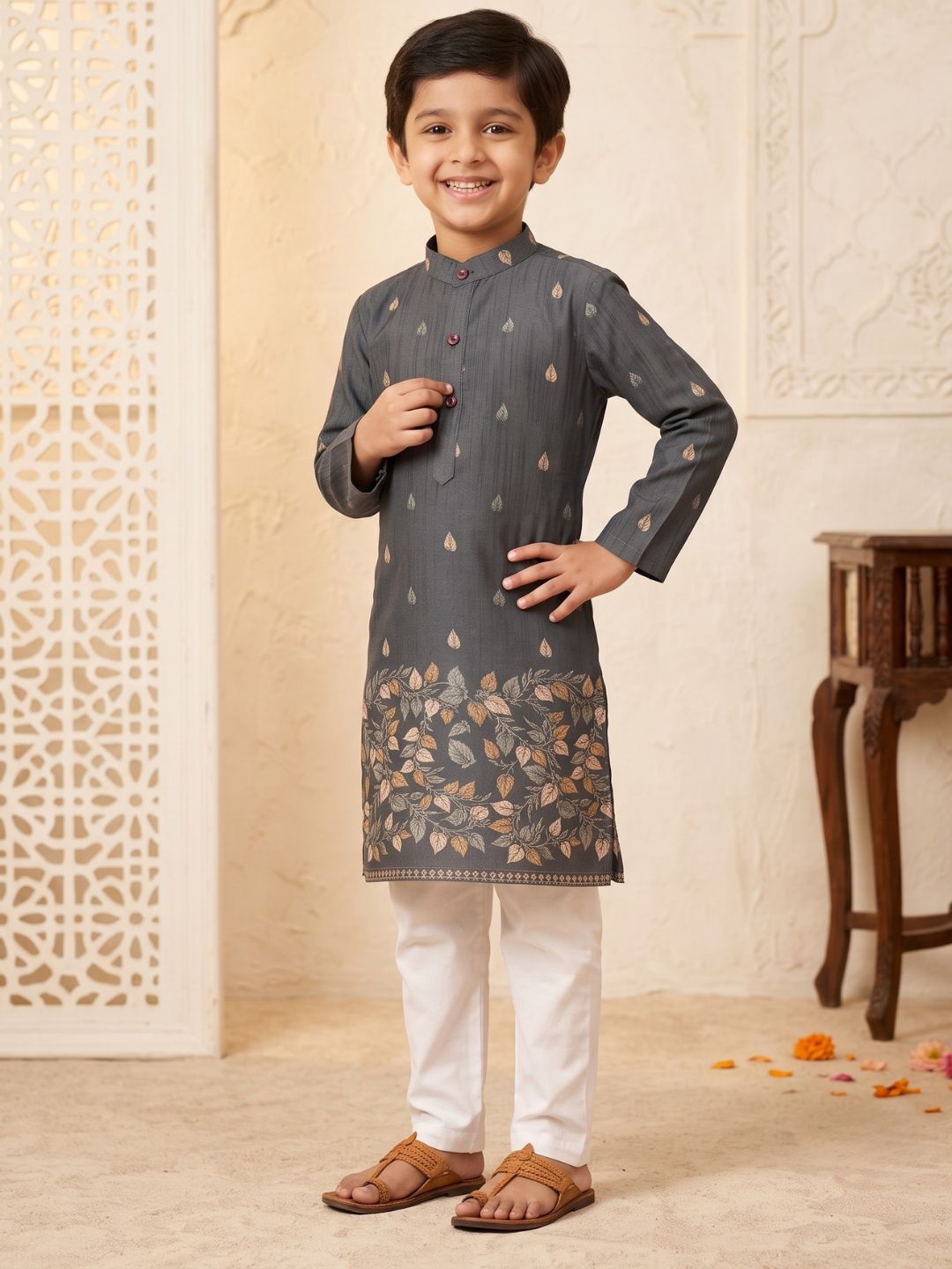 Grey Leaf Print Cotton Blend Kurta Pyjama Set For Boys