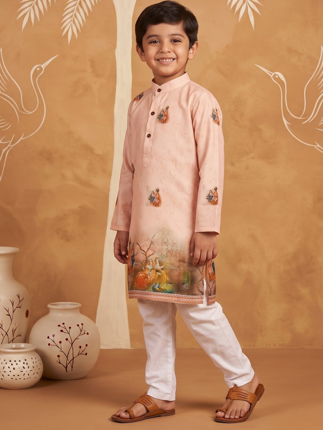 Peach Mythological Print Cotton Blend Kurta Pyjama Set For Boys