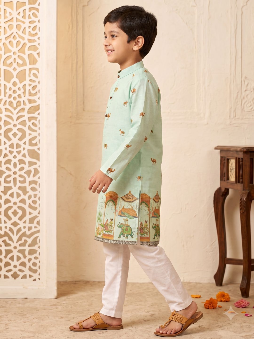 Green Elephant & Traditional Ethnic Print Cotton Blend Kurta Pyjama Set For Boys