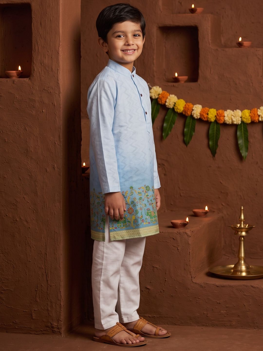 Blue Elephant Printed Cotton Blend Kurta Pyjama Set For Boys